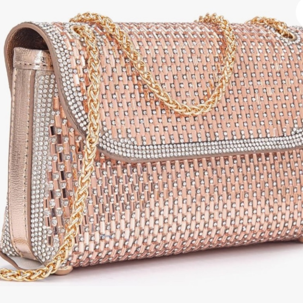 Rose Gold Shoulder/Crossbody Crystals Rhinestone Evening Clutch Purse with Chain